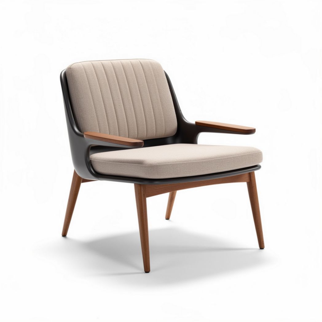 Moderne fauteuil met beige stoffering en zwart houten frame 76 x 80 x 85cm