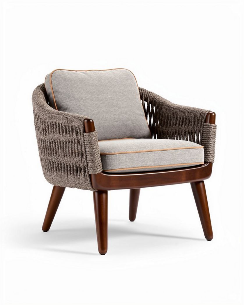 Stoere fauteuil met gestoffeerde kussens en bruin houten poten 80 x 80 x 70cm