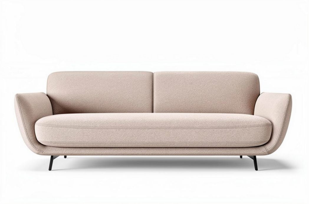 Bank in lichtroze stof met stalen poten afmetingen 210 x 90 x 80cm